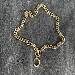 C initial charm necklace gold Cuban link choker solid single diamond accent